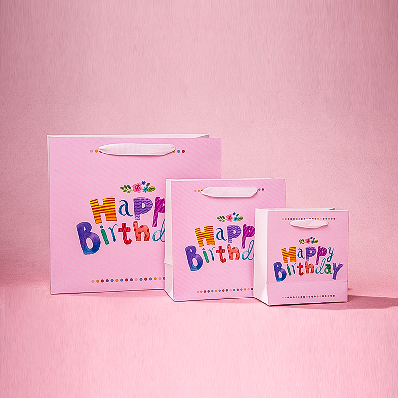 Saco de papel de presente de feliz aniversário rosa para crianças